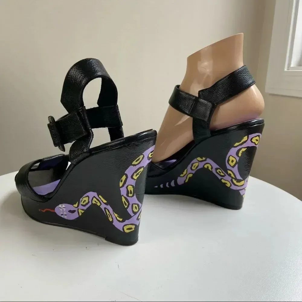 Hand Painted Nine West Platform Wedge Pumps Featuring Snake Motif One of a Kind